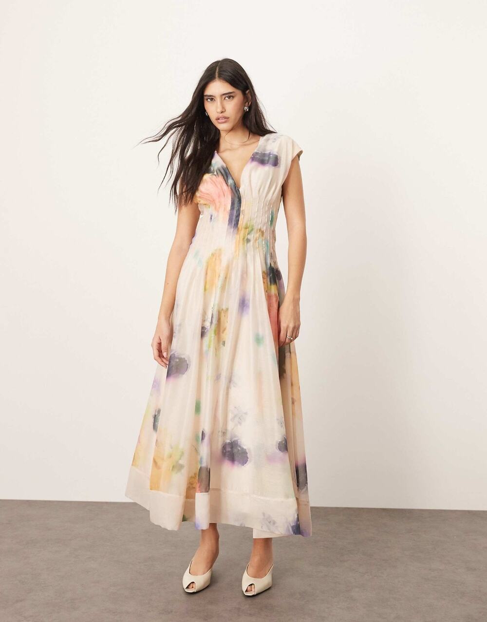 ARRANGE Organza Pleat Waist Pink Blurred Floral Maxi Dress New US 6
